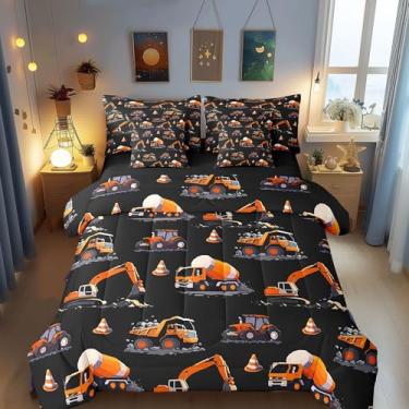 Imagem de Conjunto de edredom casal de veículos de construção, conjunto de 7 peças, com edredom, fronhas, fronhas, lençol de cima, lençol com elástico, caminhão, maquinário infantil para decoração de quarto