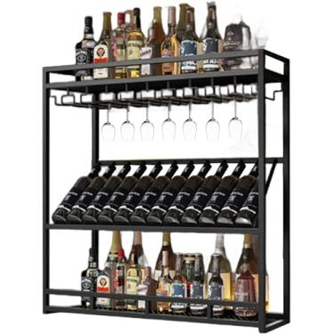 Imagem de Rack De Vinho Montado Na Parede, Rack De Vinho Moderno De Grande Capacidade Totalmente Metálico Com Porta-garrafas E Copos, Prateleira Multifuncional De 3 Camadas Para Rac, Black, 100cm/39.4in