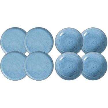 Imagem de Jogo 4 Pratos Rasos e 4 Pratos Fundos Cerâmica Azul Linhas B - Porto B