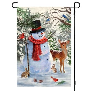 Imagem de ARGOOFG Bandeira de jardim de inverno de Natal, 30 x 45 cm, dupla face externa, boneco de neve, rena, cardeal, pássaros, floresta, Natal, férias, decoração de quintal ao ar livre