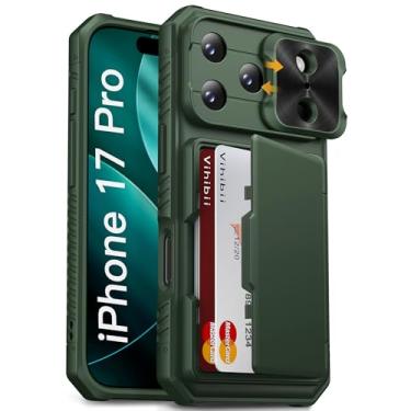 Imagem de Vihibii Capa para iPhone Pro com suporte para cartão (4 cartões) [bloqueio RFID] e capa de câmera deslizante, proteção contra quedas de grau militar, capa de celular rígida robusta e borda de silicone