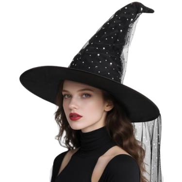 Imagem de QTDS Chapéu de bruxa de Halloween preto para mulheres adultas - chapéus de bruxa de malha de Halloween acessório de fantasia de aba larga para festas à fantasia, cosplay, baile de máscaras, carnavais