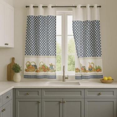 Imagem de Cortina Decorativa Para Cozinha Xadrez Azul E Branca Frutas - Sofistic