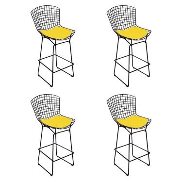 Imagem de Kit 4 Banquetas Bistrô Bertoia Preta D70 Com Assento Amarelo
