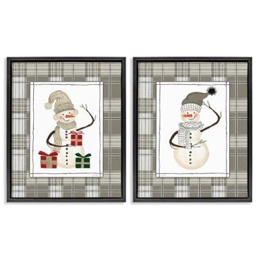 Imagem de Stupell Industries Conjunto de 2 peças de bonecos de neve aconchegantes em xadrez com moldura preta flutuante, design de Cindy Jacobs, 21 x 17