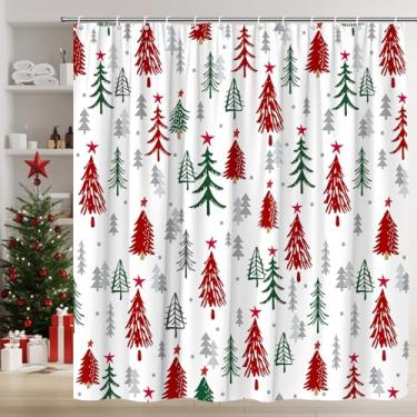 Imagem de AMFD Cortina de chuveiro Merry Christmas, vermelho, verde, árvore de Natal, estrela, bolinhas, rústico, inverno, férias, conjunto de tecido decorativo inclui ganchos, (177,8 cm x 177,8 cm (L) 170 A)