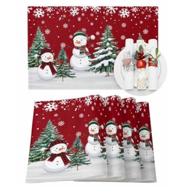 Imagem de Conjunto de 6 jogos americanos de Natal, boneco de neve, árvore de Natal, decoração de mesa de jantar, tapete vermelho de pássaro cardeal com floco de neve, tapetes de mesa vermelhos para cozinha
