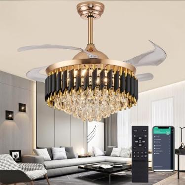 Imagem de YOLIZUOT Ventiladores De Teto De Lustre Dourado De 48" Com Luzes Ventilador De Teto De Cristal Ventiladores De Teto De Led Com Luzes E Controle Remoto Ventilador De Lâmina Retrátil Ventiladores De T