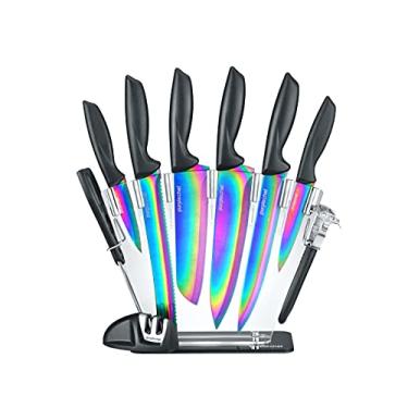 Imagem de PurpleChef Conjunto de 10 facas de cozinha revestidas de titânio com arco-íris iridescente. Inclui 6 facas de aço inoxidável, tesouras, apontador de faca, descascador e suporte de acrílico transparente.