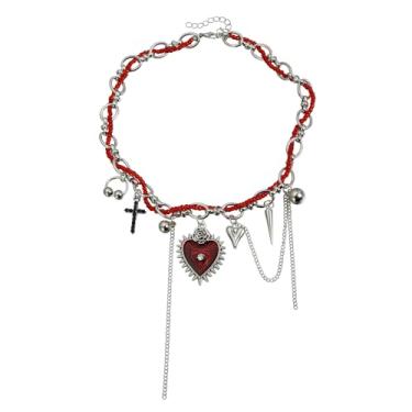 Imagem de MYANAIL Colar gótico vermelho em forma de coração para mulheres, pingente de olho de horus, colar gargantilha com corrente de prata, borlas artesanais, joias para mulheres, estilo punk escuro