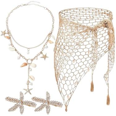 Imagem de Acessórios de fantasia de sereia de verão para mulheres, conjunto de 4 peças de acessórios de sereia com colar de estrela do mar Boho Seashell, saia de crochê e clipe de cabelo para festa havaiana de