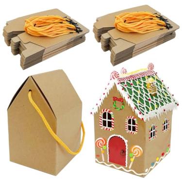 Imagem de Kit de casa de gengibre de Natal, 50 peças, caixas de presente de biscoito em forma de casa de papelão com cordas para artesanato faça você mesmo, lembrancinhas de festa de Natal, suprimentos a granel