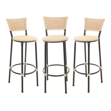 Imagem de KIT 3 Banquetas Tricô Náutico BEGE Alta Bancada Balcão Cozinha Area de