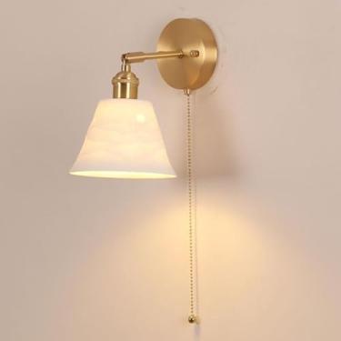 Imagem de Luminária de parede de cabeceira com abajur de cerâmica branca, arandela ajustável de 180°, luminária de parede de latão com interruptor de puxar para estudo, escritório, quarto, cabeceira,