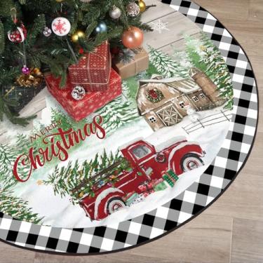 Imagem de Blosssound Saia de árvore de Natal xadrez búfalo retrô vermelho caminhão árvore de Natal para decoração de festa de Natal de casa de fazenda de inverno (122 cm, preto branco)
