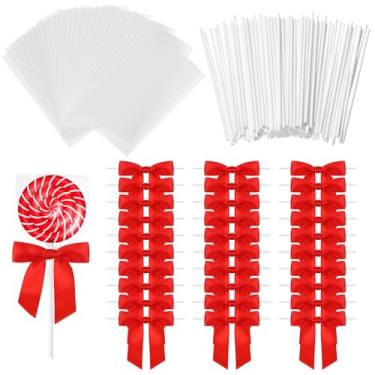 Imagem de AmazingSpark 100 unidades de sacos de petisco pop de bolo com palitos e laços para pirulitos, doces, chocolates e biscoitos, embalagem de lembrancinha de festa (vermelho)