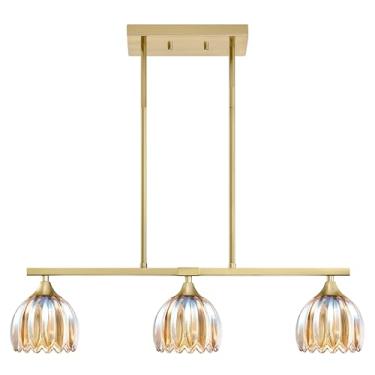 Imagem de 3 luzes 66.0 cm cozinha ilha lustre moderno pingente luminária de teto, metal dourado tulipa vidro âmbar sala de jantar bar café sala de estar