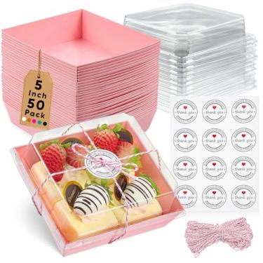 Imagem de Leafiew 50 Pack Bakery Boxes - Small Dessert Boxes To Go - 5 Inch Paper Mini Cake Boxes, Clear Treat Boxes, Disposable Cookie Cake Slice Containers for Charcuterie, Strawberries, Baked Goods (Pink)