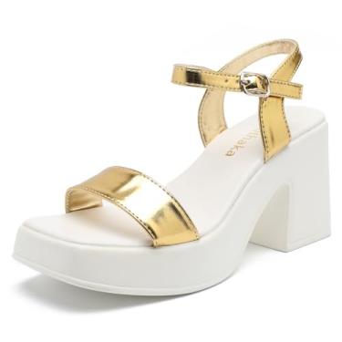 Imagem de omthaka Sandálias femininas de salto plataforma confortáveis, bico grosso, bico aberto, tira no tornozelo, salto alto, moderno, festa de casamento, formatura, dança, sapatos sociais, Dourado, 35