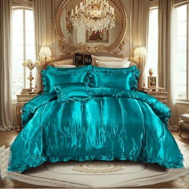 Imagem de Conjunto de edredom de seda com conjunto de cama king size, 8 peças, verde pavão em uma bolsa, conjunto de cama verde de seda com babados de cetim, decoração de casa, hotel sexy, conjunto de cama