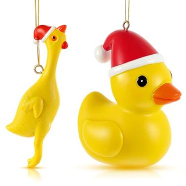 Imagem de Vercraft 2 peças de enfeites de Natal pendurados em galinha gritando e pato amarelo, 10 cm, grandes patos de resina, decoração para árvore de Natal, lembrancinhas de festa de casa de bonecas