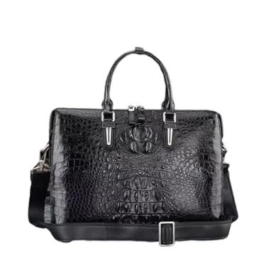 Imagem de Bolsa clássica preta marrom genuína de couro de crocodilo para homens de negócios bolsa de ombro grande de couro de jacaré exótico, Preto, 39cm(Length) x 28cm(Height) x 12cm(Deep)