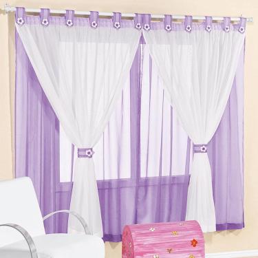 Imagem de Cortina Infantil Juvenil para Varão Tecido Voal 3,00 x 2,80 Metros Alt - Lilás e Branco