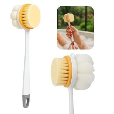 Imagem de Kit Escova E Bucha De Banho Grande Dupla Face com Cabo Longo Anatômico Cerdas Esponja Macias Esfregão Massageador Corpo Corporal Esfoliante Limpeza Profunda Lavar Costas Nylon Plástico Pendurador (Branco)