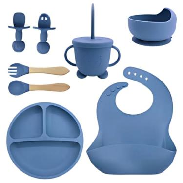 Imagem de Kit Alimentação Bebê em Silicone, 8 Peças, Inclui Babador, Tigelas com Ventosa, Talheres e Copo com Alça. (Azul)