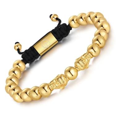 Imagem de WP WEPICK Pulseiras masculinas de ouro banhado a ouro 18 quilates de aço inoxidável cabeça de leopardo olho de tigre contas de ônix pretas feitas à mão pulseira masculina ajustável presente de