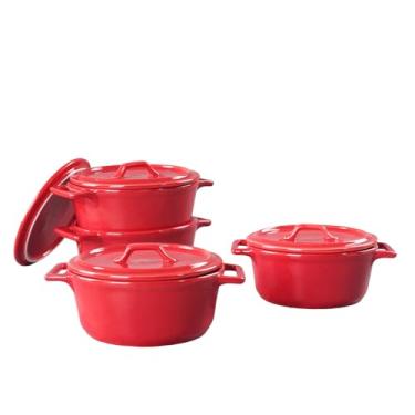 Imagem de jinsongdafa Conjunto de mini cocotte redondo de cerâmica, caçarola pequena de 540 ml com tampas e alças, conjunto de 4, ramequins individuais para assar, forno, micro-ondas e lava-louças (vermelho