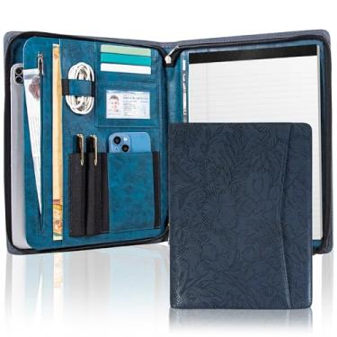 Imagem de Pasta de zíper empresarial, pasta com zíper de 3 anéis, pasta de couro PU, pasta planejadora A4 com bolso para laptop, pasta profissional de couro ultrafino, azul escuro em relevo.
