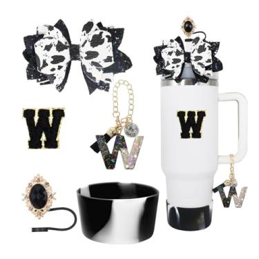 Imagem de RENUIS Conjunto de 5 peças de acessórios para copo Stanley de 30 e 1,134 g com alça, incluindo topo de palha, bota de silicone com glitter, decoração de arco de palha, pingente de letra de