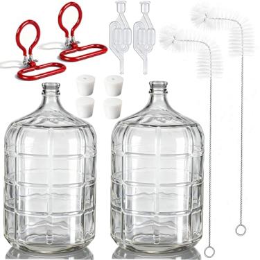 Imagem de 2 peças de garrafa de vidro de 5 galões com 2 rolhas de borracha perfuradas e 2 não perfuradas, 2 bolhas de ar e 2 alças de garrafão, 2 pincéis, fermentador de vinho de cerveja transparente para