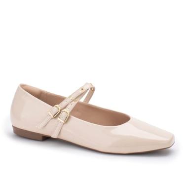 Imagem de Sapatilha Feminina Sua Cia Verniz Nude com Duas Tiras, Fivelas Douradas, Bico Quadrado, Sola Baixa, Estilo Elegante para Uso Diário (BR, Adulto, Numérico, 35)