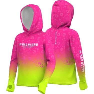 Imagem de Camisa para Pesca Infantil com capuz Mar Negro X Protection Caveira Rosa com proteção UV50+