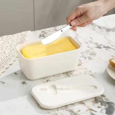 Imagem de Manteiga branca com tampa para bancada e prateleira de porta de geladeira, recipiente de plástico para suporte de manteiga com faca de manteiga, fácil de colocar na lava-louças