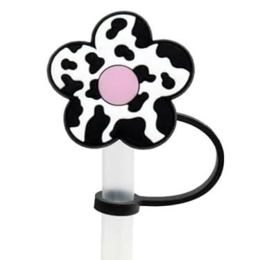 Imagem de Capa de palha de flores pretas e brancas, capa fofa de silicone para copo Stanley, canudo à prova de poeira, pontas de canudo reutilizáveis, dispensadores de canudo (HD507)