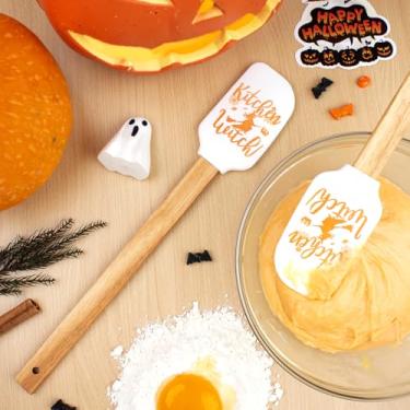 Imagem de Espátula de Halloween, espátula de madeira de bruxa de cozinha com cabeça de silicone antiaderente para assar, cozinhar, panqueca, sem BPA com orifício para pendurar