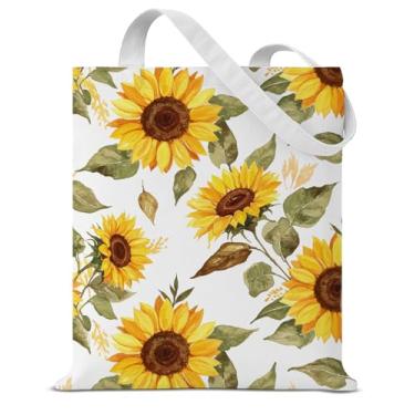 Imagem de Bolsa feminina de lona com estampa de girassol, bolsa de ombro reutilizável para compras, viagens, trabalho, Branco, Large