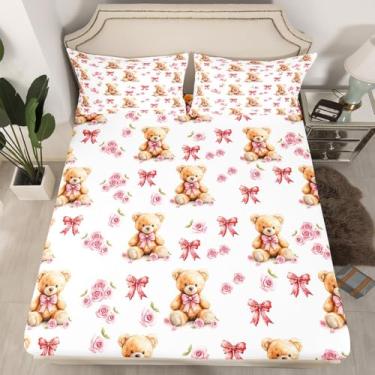 Imagem de Jogo de cama solteiro com desenho animado de urso rosa, floral e laço rosa, 2 peças, para decoração de quarto de meninas, meninos e mulheres, lençol com elástico alto, 1 fronha