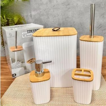Imagem de Conjunto de Acessórios para Banheiro Quadrado, 4 Peças em Branco com Tampa de Bambu, Kit Lavabo Decorativo