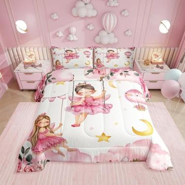 Imagem de Erosebridal Jogo de cama casal floral de fadas rosa - conjunto de edredom fofo de fadas para meninas, crianças, lua e estrelas, decoração de quarto kawaii de flores e borboletas com 2 fronhas