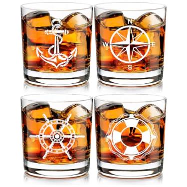 Imagem de Futtumy Conjunto de 4 copos de uísque de barco, presentes de barco para homens, presentes náuticos para amantes de barcos, marinheiros, anel de vida de compasso de âncora, vidro de rocha para