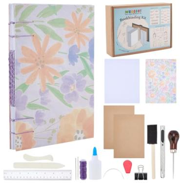 Imagem de WEBEEDY Kit de encadernação de livros de ponto copta DIY para iniciantes, kit completo de encadernação para fazer seu próprio caderno A5, diário, com papel floral, pasta de osso, papéis A4, agulhas