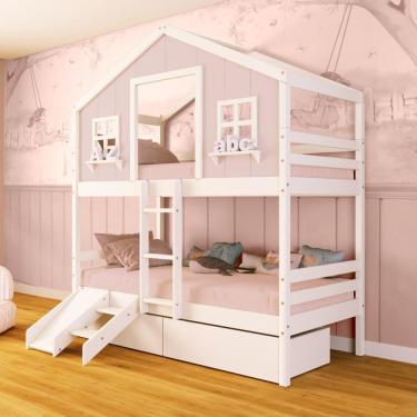 Imagem de Beliche Casinha Dos Sonhos Com 02 Gavetas Kit Escada/ Escorregador Madeira Maciça Rosa/ Branco Megamobilia