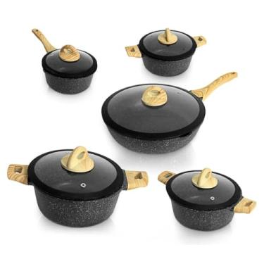 Imagem de Jogo de Panelas 5 Peças em Cerâmica Tipo Granito Antiaderente com Tampas de Vidro – Alumínio de Alta Espessura, Cabos Anatômicos, Compatível com Indução – Cor Preto