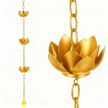 Imagem de Corrente de chuva dourada para calhas externas, corrente de chuva preta de 1,2 m com 5 xícaras, coletor de chuva de lótus ajustável, calha de metal, desviar a água da chuva para jardins, pátios e