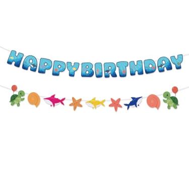 Imagem de Faixa de Aniversário Tubarão, Pré-Enfiada Tema Oceano Faixa Feliz Aniversário para Bebês Crianças Meninos Meninas Tema Desenho Animado Decoração Festa Suprimentos e Cenário Fotográfico