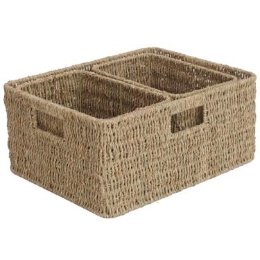 Imagem de JS HANGER Conjunto de 3 cestas de armazenamento de vime natural para prateleiras - caixas grandes feitas à mão para organizar prateleiras no banheiro, quarto ou decoração de casa, cesta de algas